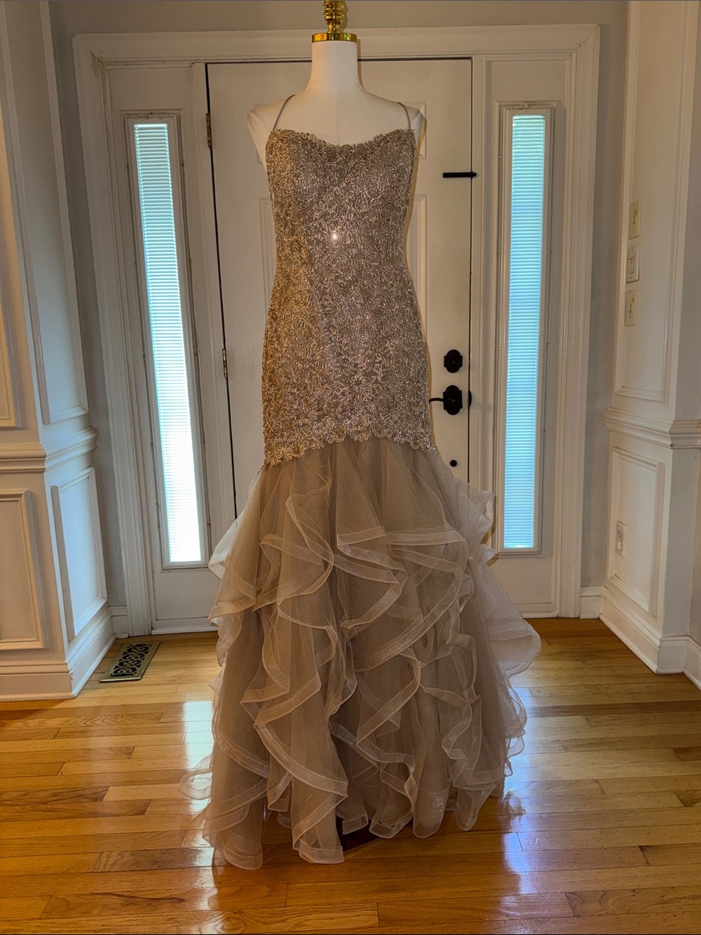 Sherri Hill Taupe Beaded Mermaid Gown with Ruffled Tulle Skirt